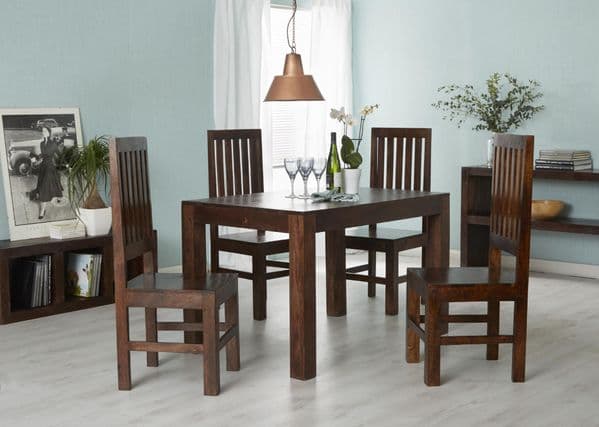 Tokyo Light Dining Table Sets | Solid mango wood fixed top dining tables with Slat Back or Leather Chairs or Bench